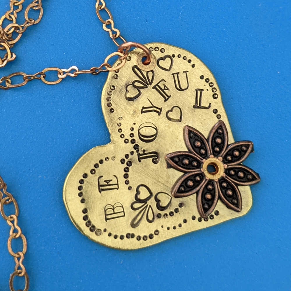 Brass Heart Hand Stamped Joy Pendant - Picture 6 of 8
